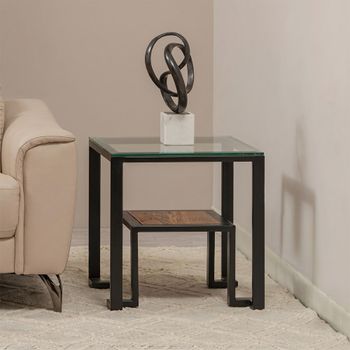 Cibo Clear Glass with Black Metal 2 Tier Square Side Table