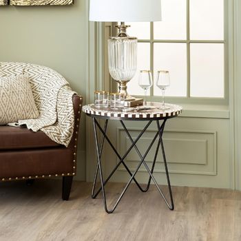 Artisan Round Side Table with Brown Acacia Wood with Metal Hairpin Legs