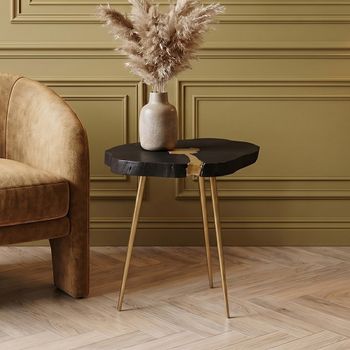 Asamra Log Side Table with Black Acacia Wood with Gold Legs