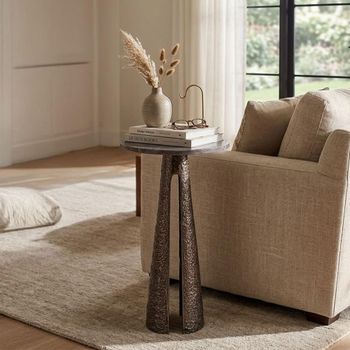 Eldora Bronze Travertine and Metal Large Round End Table with Cone Base