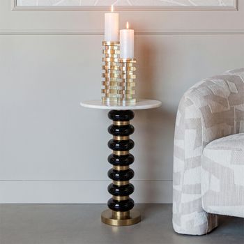 Barbara White and Black Glass and Marble Round End Table