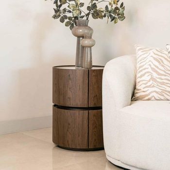 Ellery Brown Ceramic and Wood 2 Drawer Round End Table