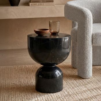 Pepper Black Marquina Marble Column Base Round Side Table