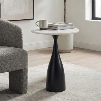 Hazel White and Black Marble Effect and Metal Column Base Round Lamp Table