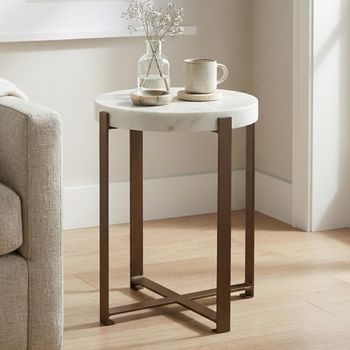 Zoe White and Brown Marble and Metal Round Side Table
