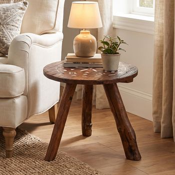 Unique One of a Kind - Rustic Brown Bone Inlay and Wood Round Side Table