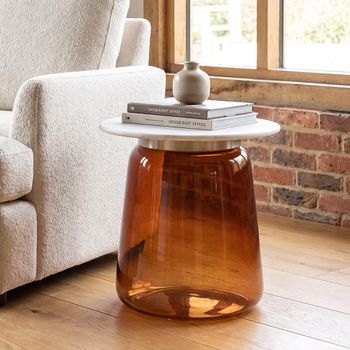 Maia White Marble Top Amber Glass Round Side Table