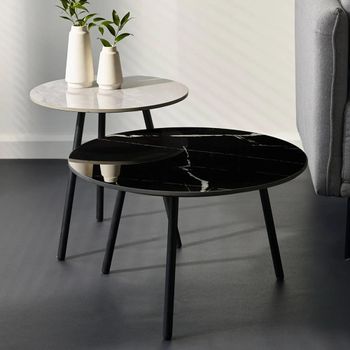 Set of 2 Casper Grey and Black Sintered Stone and Metal Round Side Table