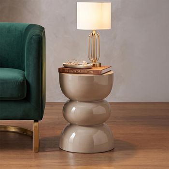 Shiny Beige Metal Sculptural Drum Base Curved Round Side Table
