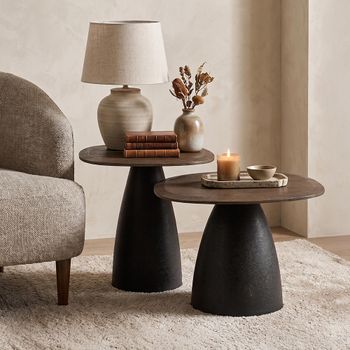 Set of 2 Dark Brown and Black Mango Wood Abstract Pedestal Bases Side Table