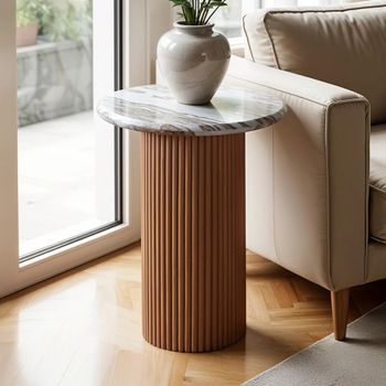 Ashford Pale Taupe Marble Top and Mango Wood Fluted Round Side Table