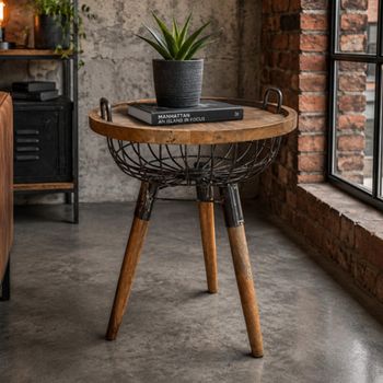 Wood and Metal Basket Style Round Side Table