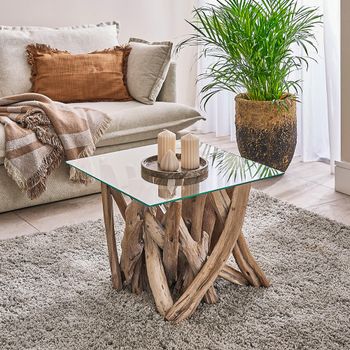 Branchwood Glass Top Square Lamp Table