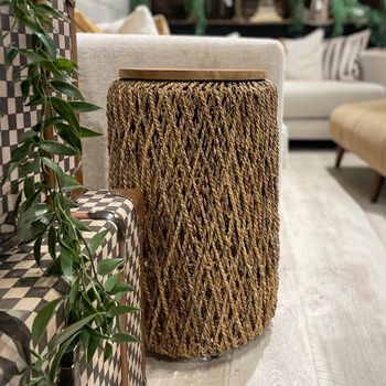 Natural Mindi Wood Weaved Base Round Lamp Table