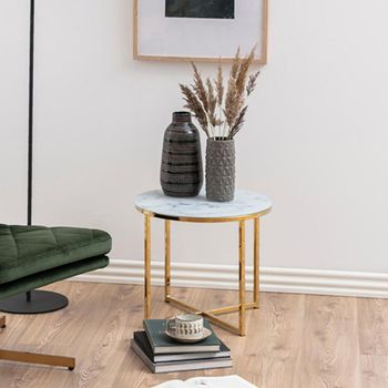 Alisma White Marble Effect and Gold Round Side Table
