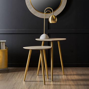 Set of 2 Cadio Side Table with Grey Faux Shagreen with Gold Legs
