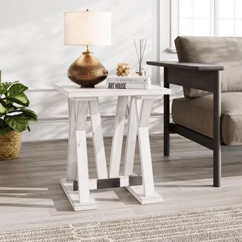 Clearance - Farmhouse Square Side Table Trestle White Washed Mango Wood