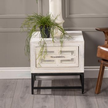 Clearance - Geo 1 Drawer Square Side Table White Mirrored Mango Wood Distressed White Wash