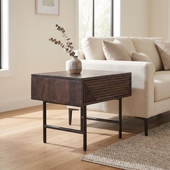 Clearance - Highgrove 1 Drawer Rectangle Lamp Table Fluted Walnut Finished Mango Wood