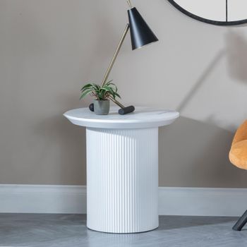 Clearance - Luxor White Marble Effect Round Lamp Table - Fluted Base