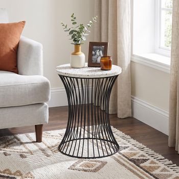 Clearance - Ritz Accent Round Table Drum Shape Terrazzo Black Wire Base Metal Black and Trazzo