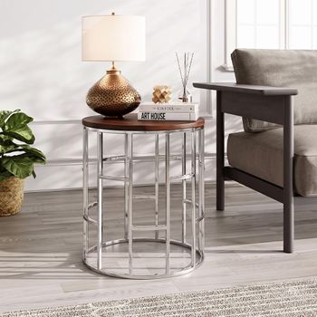 Clearance - Zion Mango Wood Top Round Side Table with Chrome Frame