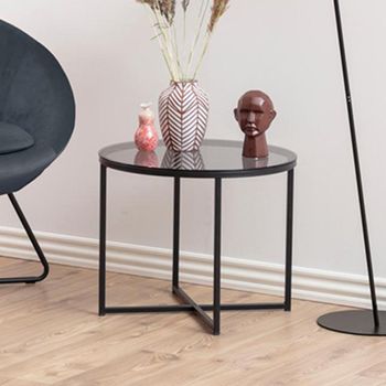 Cross Smoked Glass and Black Round Side Table