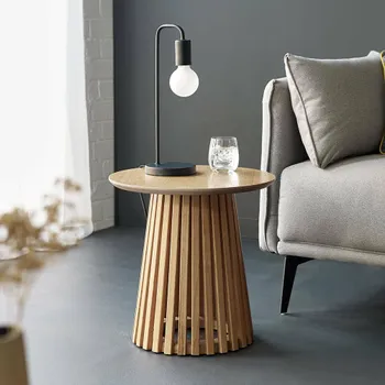 Ollie Natural Oak Slatted Base Round Lamp Table