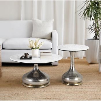 Set of 2 Perugia White Marble Round Side Table