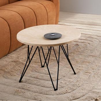 Prunus Beige Travertine Effect Round Side Table with Black Hairpin Legs