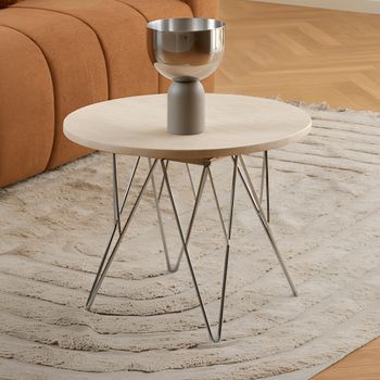 Prunus Beige Travertine Effect Round Side Table with Chrome Hairpin Legs