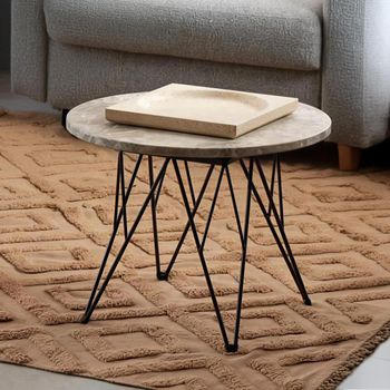 Prunus Brown Marble Round Side Table with Black Hairpin Legs