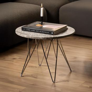 Prunus Brown Marble Round Side Table with Chrome Hairpin Legs