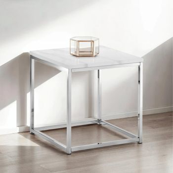 Scala White Marble Effect and Chrome Square Lamp Table