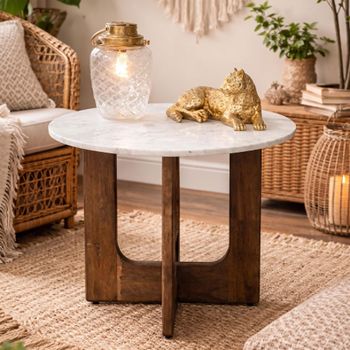 Rubber Wood and Marble Round Side Table