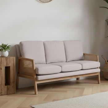 Ida Cream Fabric and Rattan 3 Seater Sofa