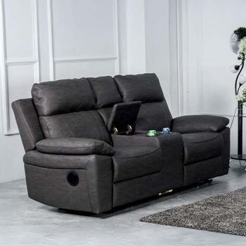 Huntington Dark Grey Leather Look Fabric 2 Seater Electric Recliner Sofa with Console