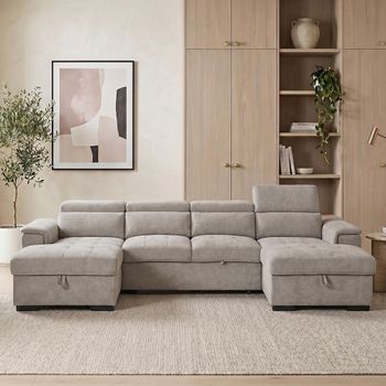 Alaya U Shape Beige Fabric Pull Out Bed Corner Sofa