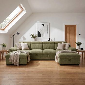 Hudson U Shape Green Fabric Pull Out Bed Corner Sofa