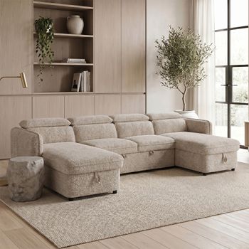 Capri U Shape Beige Fabric Pull Out Bed Corner Sofa