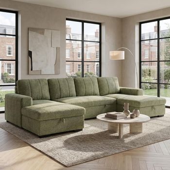 Como U Shape Green Fabric Pull Out Bed Corner Sofa
