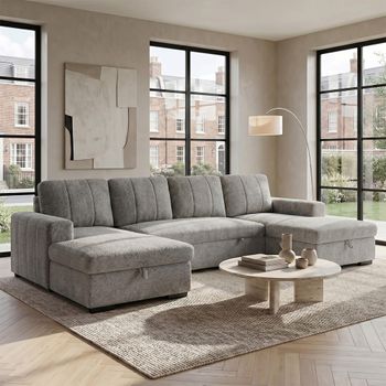 Como U Shape Grey Fabric Pull Out Bed Corner Sofa