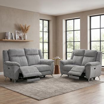 Monroe Ash Grey Fabric 3+2 Seater Adjustable Headrest Suite Electric Recliner Sofa