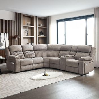 Morgan Taupe Fabric Electric Recliner Corner Sofa with Storage Console
