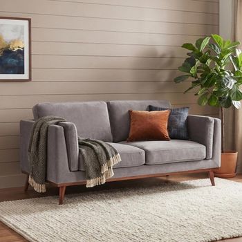 Mickey Stone Grey Velvet and Walnut Fabric and Wood 3 Seater Sofa