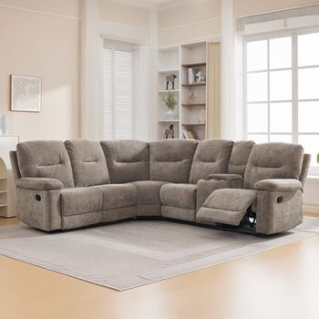 Cleveland Beige Fabric Manual Recliner Corner Sofa with Storage Console