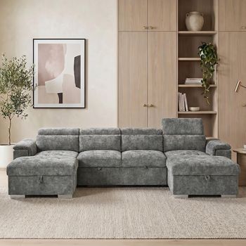 Alaya U Shape Grey Fabric Pull Out Bed Corner Sofa