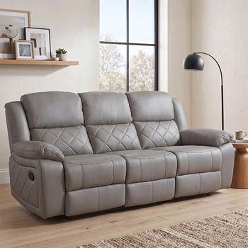 Bentley Light Grey Leather 3 Seater Recliner Sofa