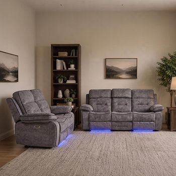 Foster Grey Fabric 3+2 Seater LED Lights Drop-Down Table and Cup Holders Recliner Sofa Set