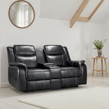 Galaxy Black Faux Leather 2 Seater Console Electric Recliner Sofa